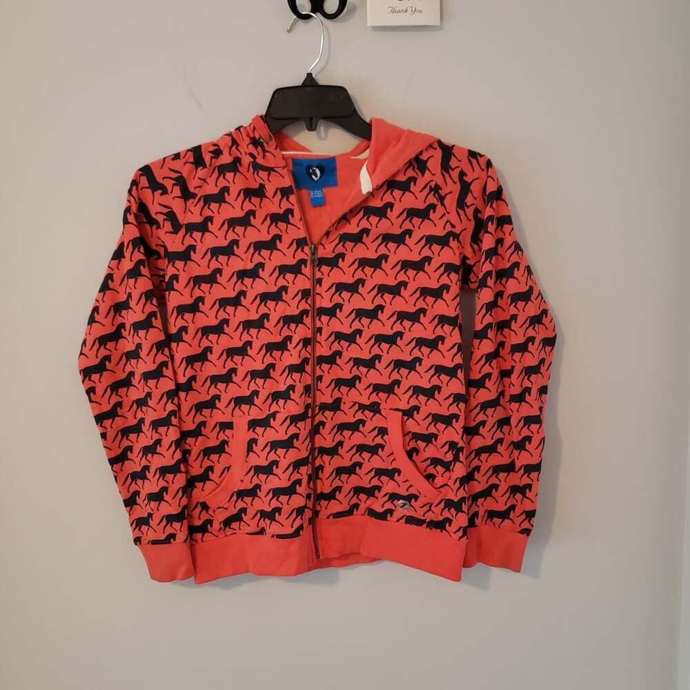 HORZE Liza Hoodie Youth Sz 13/14 YR Orange W/ Black Horses Equestrian Sweatshirt